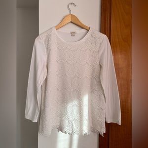 J.Crew Scalloped Lace Front Long Sleeve T-Shirt Aize Medium White